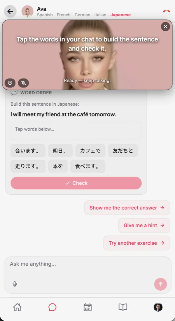 Vaboo on a phone: Ava, an AI tutor, on a video call above a Japanese word-order exercise.